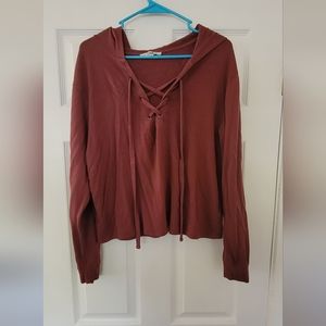 Burgundy Medium Cropped sweater with hood and tie in the front from Express